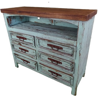 Farmhouse 50" TV Stand with 6 Drawers in Distressed Blue. This gorgeous farmhouse tv stand is constructed of solid wood in Distressed white finish that offers just the right amount of distressing that can blend easily with other rustic, distressed, warehouse, or farmhouse looks.