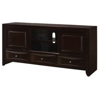 Emily TV Stand in dark cherry finish. This entertainment center features three storage drawers for CDs, DVDs, remotes, and game controls, two middle compartments and two sliding doors.
