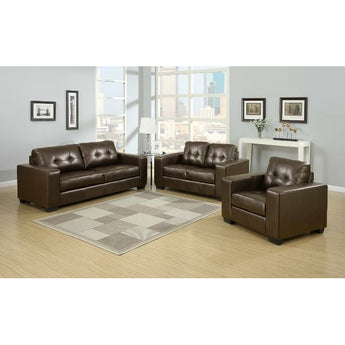 Brown Sedona Sofa Collection is a stationary set upholstered in bonded leather with button tufted backs and seat cushions, track arms and tapered block feet. Also available in red, white, or black.