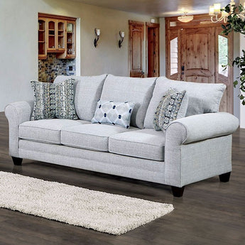 Aberporth Lawson Design Sofa in Gray- It features a box seat cushion, loose pillow back, rolled arms, pocket coil seating and tapered plastic legs.