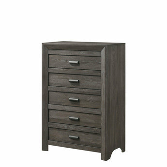 Adelaide Chest of Drawers finished in brown. Features five drawers with metal hand pull.