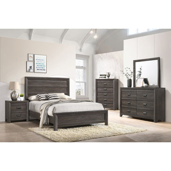 Adelaide 5-Piece Bedroom Set in Brown. These pieces feature rich finishes, clean lines, and metal hardware for homey yet modern designs. This set includes bed, nightstand, chest, dresser and mirror.