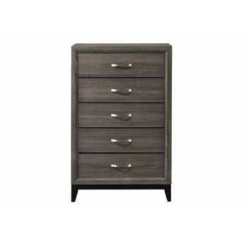 This Akerson Chest has five spacious drawers, clean lines and finished in gray. Chrome-colored hardware and a black base rail complete this low-key look.