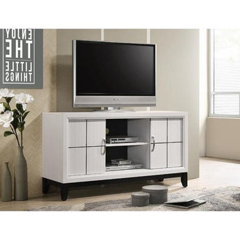 Akerson TV Stand comes in a chalk finish, clean lines and has two doors with metal hand pull and two open shelves in the center. It can stand up to 55" TV.