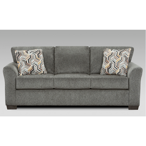 Allure Grey Queen Sleeper Sofa. This sofa is grey in color and comes with several decorative throw pillows. Made from 100% polyester fabric. Made in America. Hardwood constructed frame.