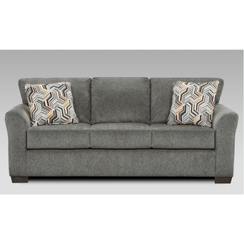Allure Grey Queen Sleeper Sofa. This sofa is grey in color and comes with several decorative throw pillows. Made from 100% polyester fabric. Made in America. Hardwood constructed frame.