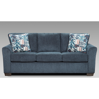 Allure Navy Sofa. This sofa is dark blue in color, has a simple silhouette with slightly flared rounded arms. Made from 100% polyester fabric. Includes two throw pillows. Made in America.