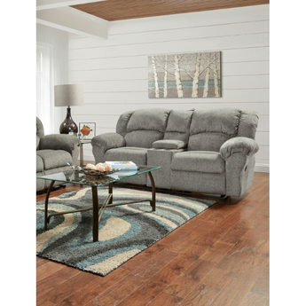Allure Grey Reclining Loveseat. This reclining loveseat is made from one hundred percent polyester fabric that has a look and feels like linen while having the durability, strength, and appeal of synthetic fabric. With middle console.