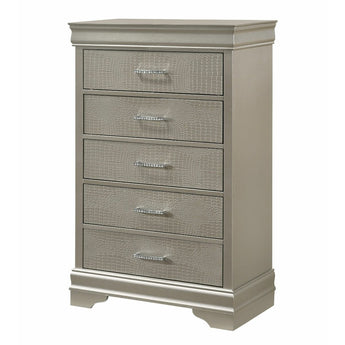 Amalia Silver 5 Drawer Chest. Features five drawers adorned with classic metal pulls. Made form hardwood veneers and solids.