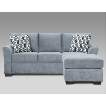 Anna Blue/Grey Sofa with Chaise. This contemporary chofa is covered in a beautiful blue/grey polyester fabric complete with 2 accent pillows in the Cube Blue/Grey fabric. Made in America. Hardwood constructed frame.