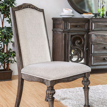 Arcadia Rustic Side Chair in Natural Tone/Ivory. Made from fabric, solid wood and wood veneer. Features intricate wood inlay details and upholstered seat