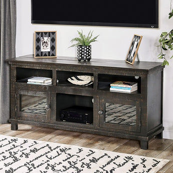 Rustic Black TV Stand - Argus. This rustic piece features multiple open shelves and cabinets with wire management. Heavy-duty hinges and solid wood construction.