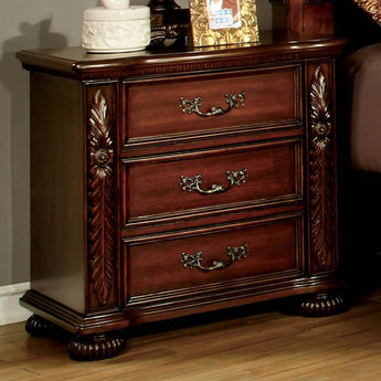 Arthur Nightstand in Brown Cherry. This nightstand adds style and charm to your bedroom. It features a grand design accented with rich wood hues and eye-catching wood details. It has three storage drawers and finished in brown cherry.