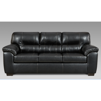 Austin Black Sofa. It features beautiful pillow arms, box seat cushion, attach back and dark wooden legs. Made with 100% polypropylene. Made in America.