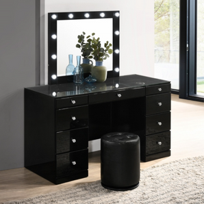 Avery Glass Top Vanity in Black finish. Features nine drawers.