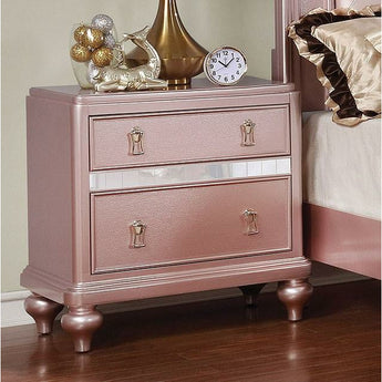 Avior Nightstand in Rose Gold. This glamorous nightstand brings a touch of stylish appeal that instantly brightens any space. It has two drawers with mirrored accent panels.