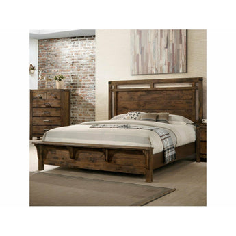 Curtis Panel Bed in Rustic Brown Finish. It features a uniquely designed, cutout-border panel headboard and a subtle bench-look footboard. The entire piece is bathed in a rustic wood finish that truly drives the look home.