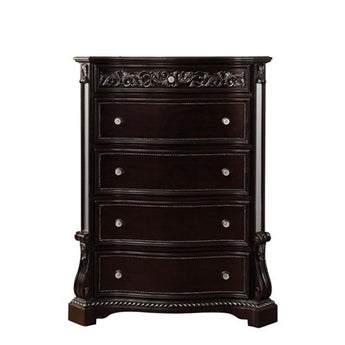 Bankston Dark Espresso 5-Drawer Chest will fit into any decor. It has five drawers with crystal-like knobs. The chest has an elaborately carved details.