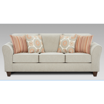 Bennington Taupe Sofa features slightly curved arms and made from 100% polyester fabric. Accent pillows included. Made from America.