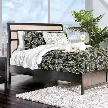 Berenice Espresso Bed showcases a comfy padded headboard and built with solid wood and veneer. Slat kit included. Available in Calking or Queen size.