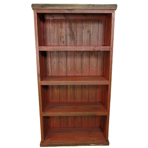 4-Shelf Medium Bookcase in Red finish. It is constructed from pine wood. It has a rustic feel and simple design that will complement any room of your home. Rustic Farmhouse Style