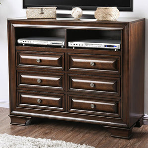 Brandt Media Chest in Brown Cherry features six drawers and two open shelves with wood inlay design.