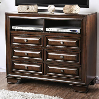 Brandt Media Chest in Brown Cherry features six drawers and two open shelves with wood inlay design.