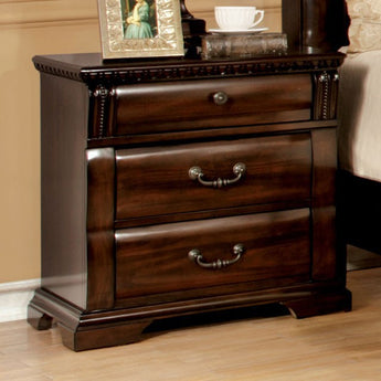 Burleigh 3-Drawer Nightstand in Cherry features gorgeous wooden construction with decorative nuances and intricate trims.