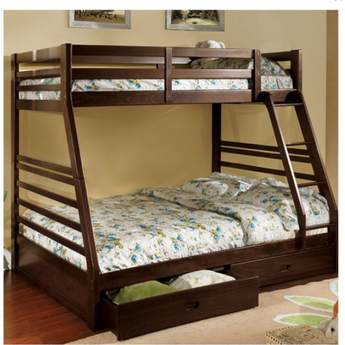 California Twin/Full Bunk Bed in Dark Walnut. Made from solid wood & wood veneer, It has two under bed drawers included & attached ladder. 10 Pc. Slats Top & Bottom
