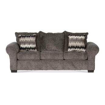 Camero Pewter Sofa. This super-soft, casual sleeper sofa has rolled arms, tapered feet, and 2 accent pillows. Hardwood Constructed Frame.