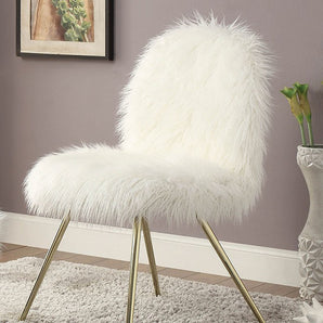 Caoimhe Accent Chair White/Gold. Features a white fur-like upholstery with angled gold legs.
