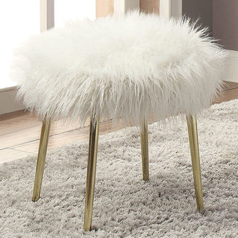 Caoimhe Ottoman in White, Gold. Features a white fur-like upholstery with gold angled legs.