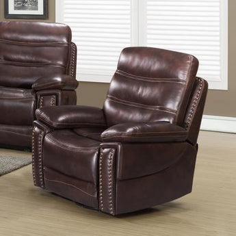 Cayman Brown Swivel Rocker Recliner offers the best in relaxation. It features nailhead trim, pillow arms, and comes in brown upholstery. It swivels, rocks, and reclines for a supremely comfortable sitting experience.