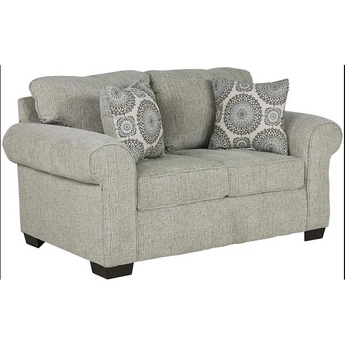 Charisma Linen Loveseat has a relaxed, modern look with sleek track arms and textured linen fabric upholstery. Two accent pillows included.