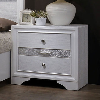 Chrissy 2-Drawer Nightstand in White with silver accents.
