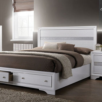 Chrissy Queen Bed in White features a panel headboard with silver accents and 2 footboard drawers.