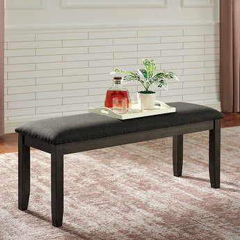Cilgerran Dining Bench in Gray. Featuring fabric upholstered padded seat with nailhead trim.