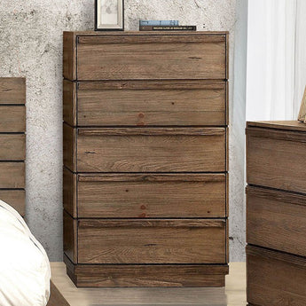 Coimbra 5- Drawer Chest in Rustic Natural Tone. This chest features plank-style front panels with a flat sturdy base with darker toned paneling, creating a unifying visual with the matching bed.
