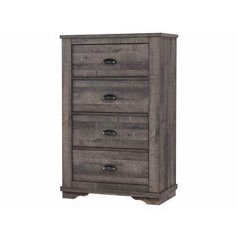 Coralee Driftwood Grey Chest of Drawers. This piece features metal hardware, clean lines, and bracket feet for a homey design you're sure to love. Features 5 drawers.