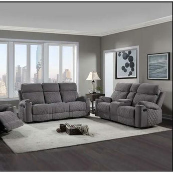 Crawford Warm Grey Reclining Sofa Sofa and Loveseat. Covered in a warm grey fabric cover that is ultra-soft.