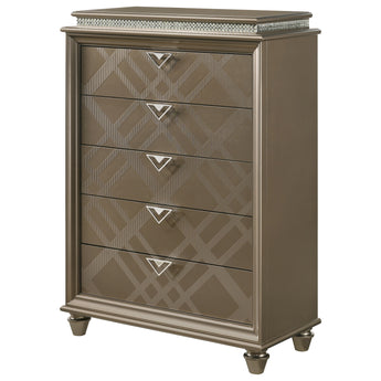 Cristal Glam 5 Drawer Chest. The chest features a crisscross design and faux crystal bordering, as well as triangular drawer pulls and spade feet.