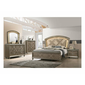 Cristal Glam 5 Piece Bedroom Set. These pieces showcase criss-cross designs, faux crystal bordering, and spade feet to create a unique look you're sure to love. This set includes bed, chest of drawers, dresser, mirror and nightstand.