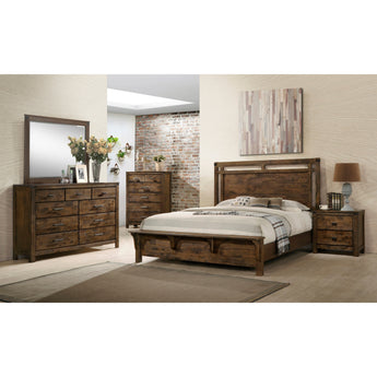 Curtis 5-Piece Bedroom Set Rustic Brown. Each piece pairs decorative metal accents with a rustic finish to create an irresistible look. This set includes bed, chest of drawers, dresser, mirror and nightstand.