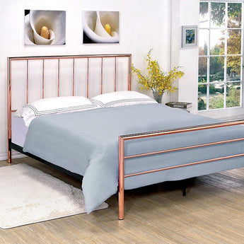 Diana Metal Bed in Rose Gold. Boasting a stunning rose gold finish along the headboard and footboard, this bed features sleek edges and structured lines, giving the appearance of simplicity and sophistication!