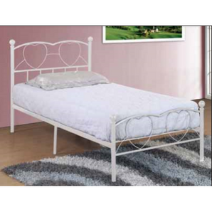 Doley Heart Twin Size Metal Bed in White. Small heart details from the bars in the headboard to the slight curve in the footboard add to the simple aesthetic without overwhelming. Sleek minimal design.