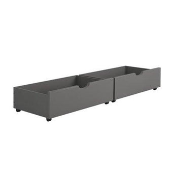 Donco Dual Under Bed Storage Drawers in Slate Grey. The included caster wheels make moving the trundle a snap. Fits under most Donco Kids Twin, Full, or Bunk Bed. Available in dark grey, dark cappuccino, white, light espresso, antique grey, and brown glaze.