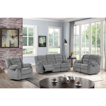 3 Piece Reclining Sofa Set in Silver. Reclining Sofa, Loveseat and Recliner.