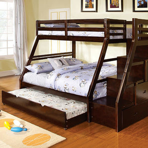 Ellington Twin/Full Bunk Bed in Dark Walnut. Made from solid wood and wood veneer. It features front access steps and built-in drawers. Slat kit included, with optional trundle unit.