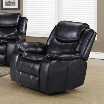 Emerson Black Rocker Recliner. Emerson recliner features contrast stitching, pillow arms, and comes in black color.