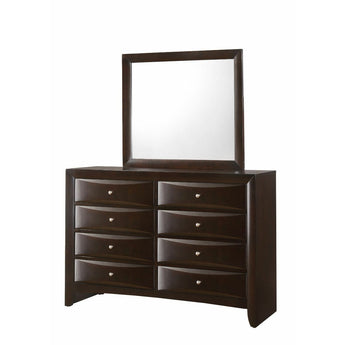 Emily Dark Cherry 8-Drawer Dresser & Mirror finish. This contemporary dresser and mirror offer a modern silhouette while eight spacious drawers provide ample space. A coordinating mirror tops the dresser for a sophisticated pairing. Also available in grey and black finish.